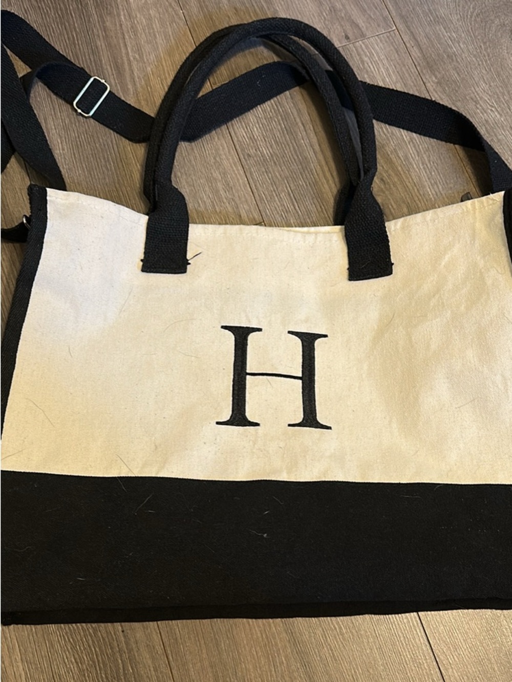 Canvas Two-Tone Tote Bag with Monogram H - Black & Cream